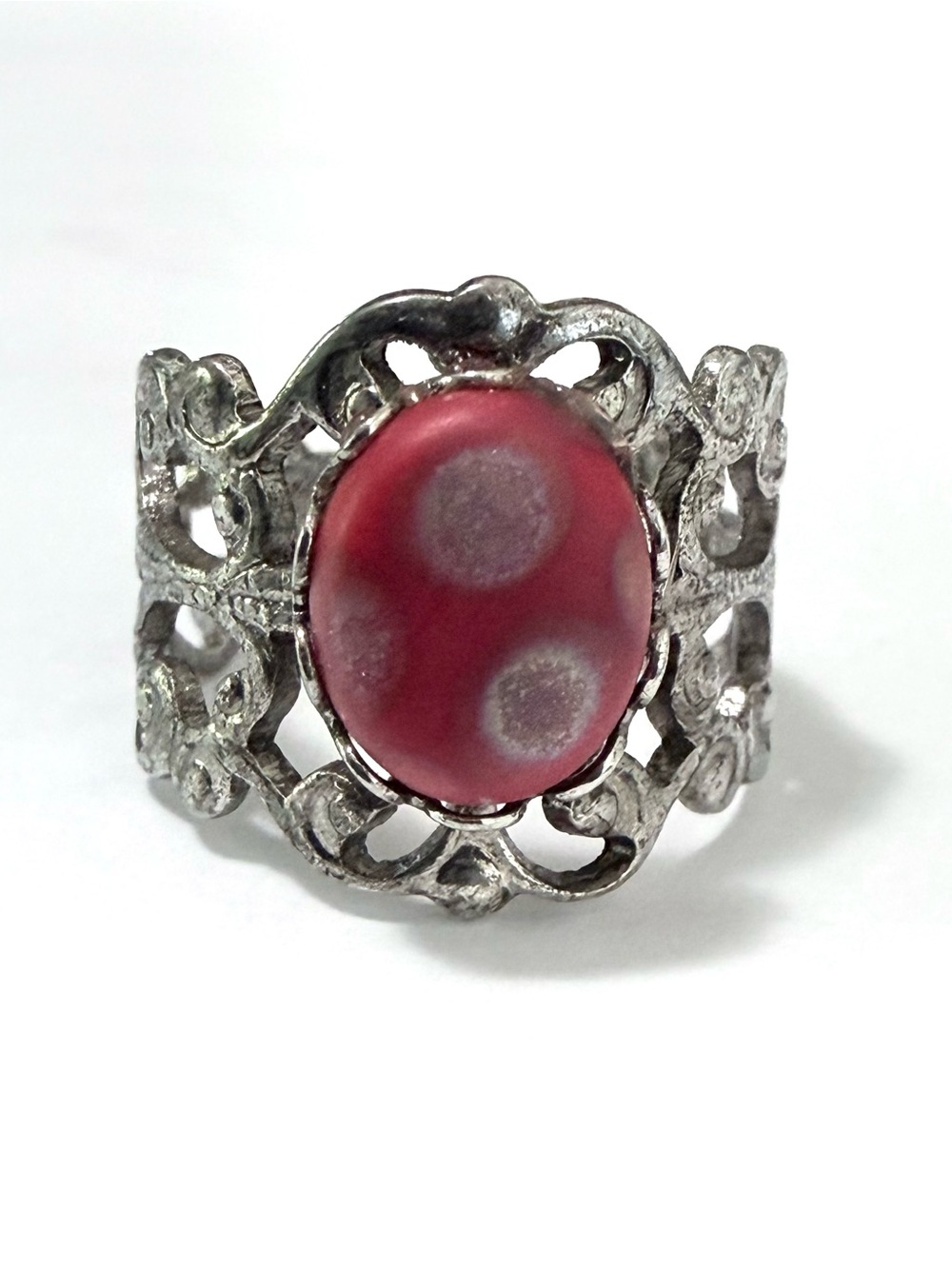 Vintage Silver Tone Filigree Adjustable Ring Red Spotted Cabochon Statement